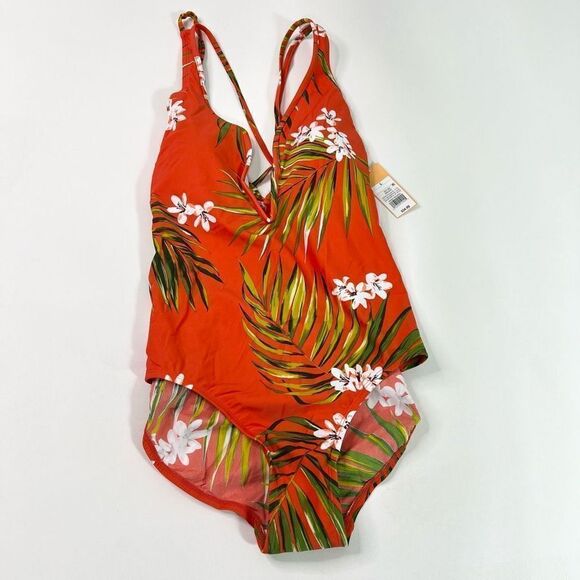 Kona Sol Tropical Pattern One-Piece Swimsuit Womens Orange Large Criss Cross NWT - Picture 1 of 8